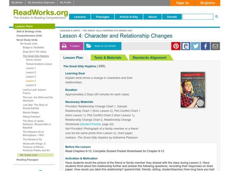 Character and Relationship Changes Lesson Plan
