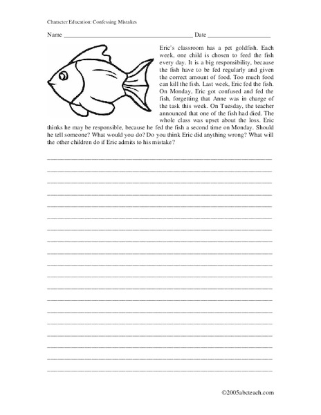 Character Education: Confessing Mistakes Worksheet