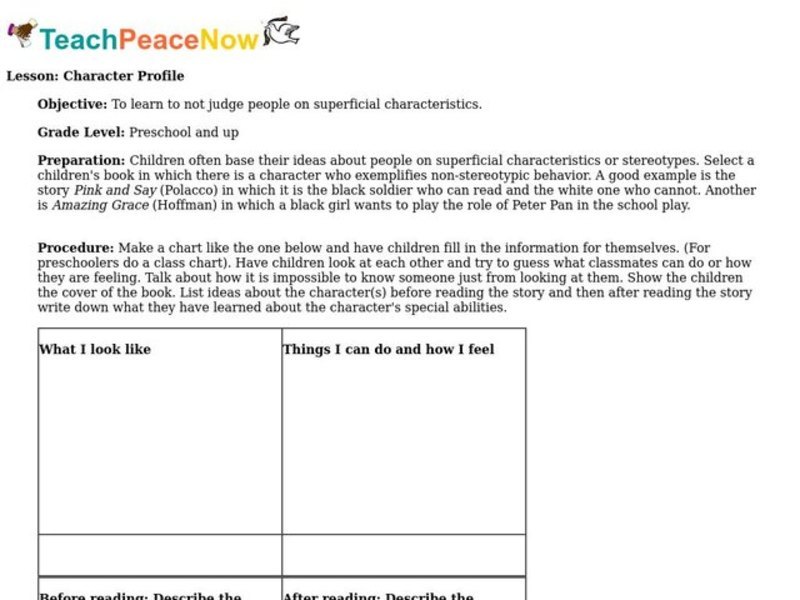 Character Profile Lesson Plan