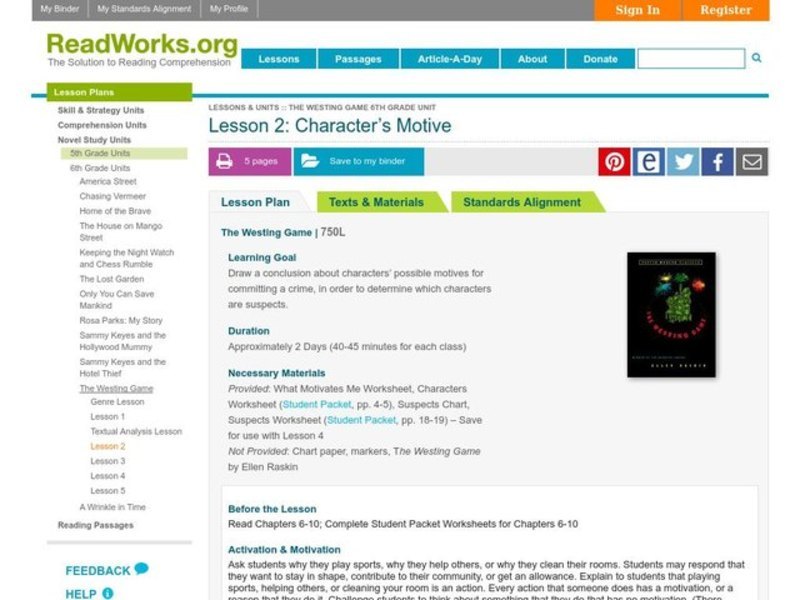 Character's Motive Lesson Plan