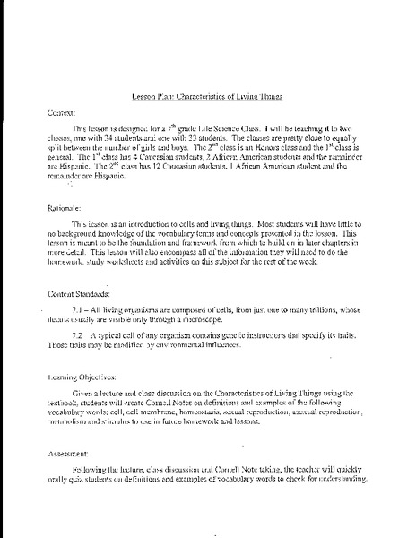Characteristics of Living Things Lesson Plan