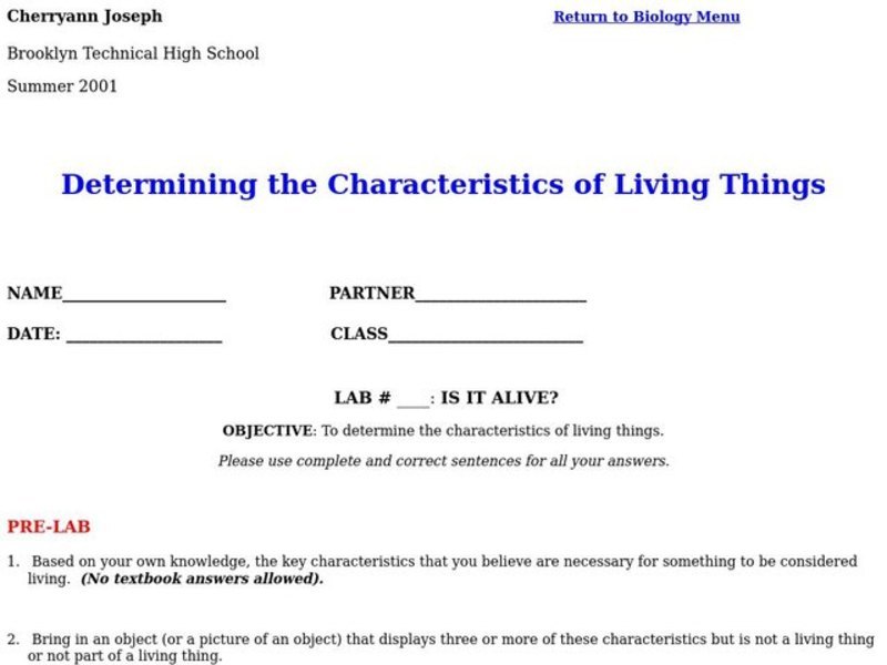 Characteristics of Living Things Lesson Plan