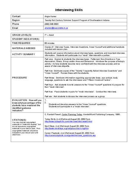 Interviewing Skills Lesson Plan