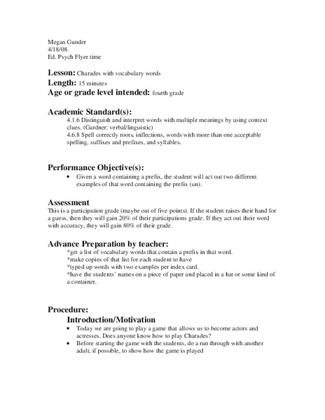 Charades Lesson Plan