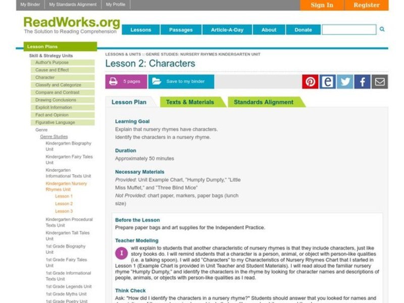 Characters Lesson Plan