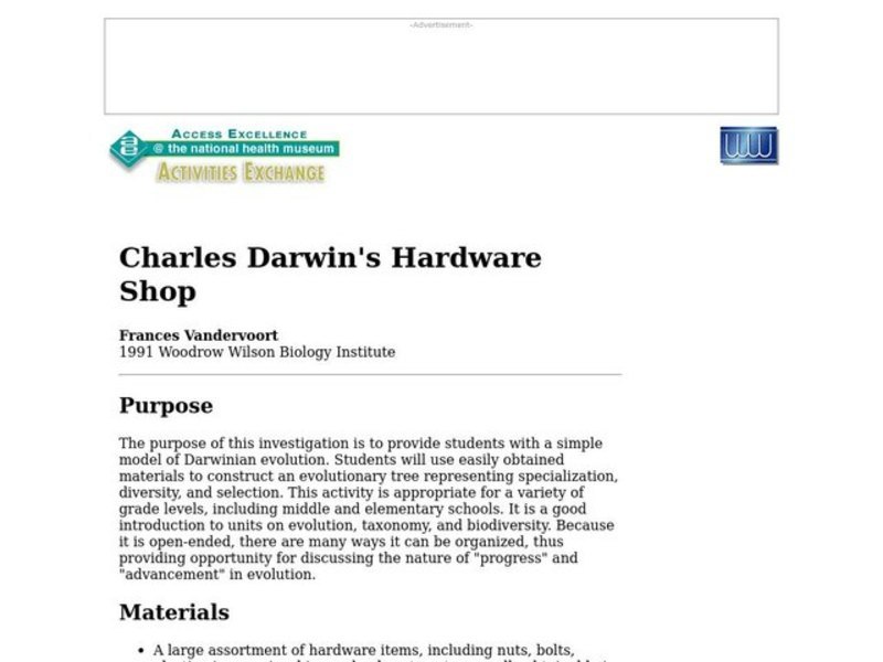 Charles Darwin's Hardware Shop Lesson Plan