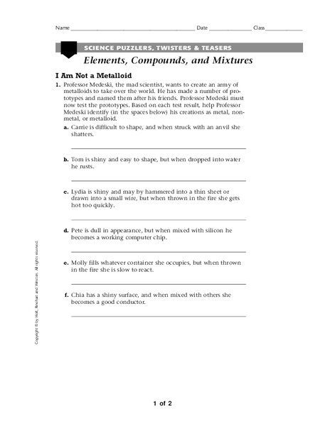 Elements Compounds and Mixtures Worksheet