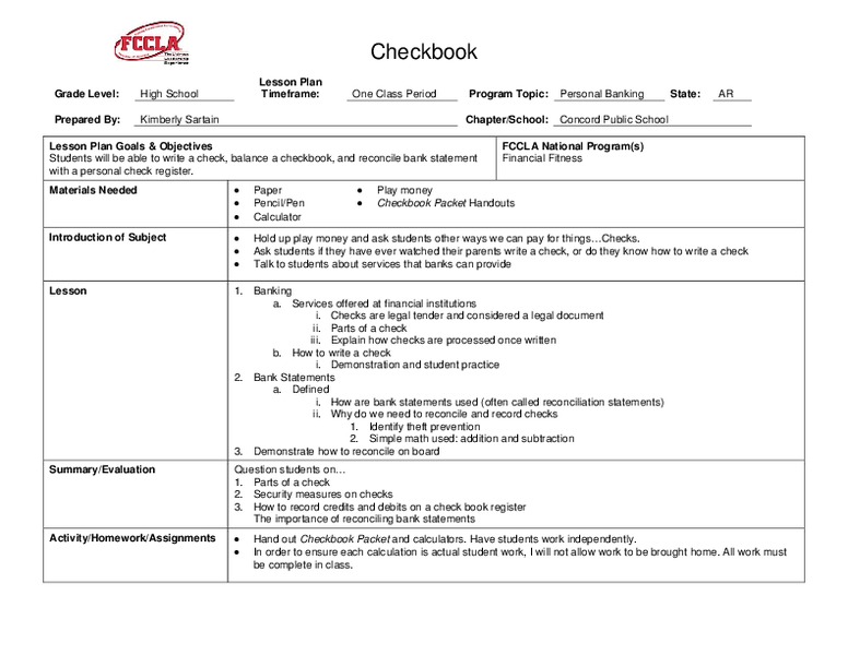 Checkbook Lesson Plan