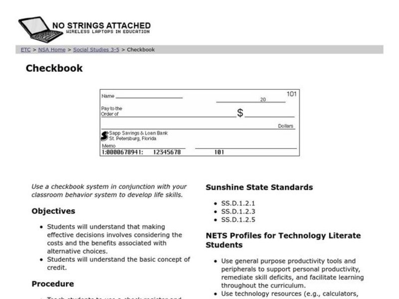 Checkbook Lesson Plan