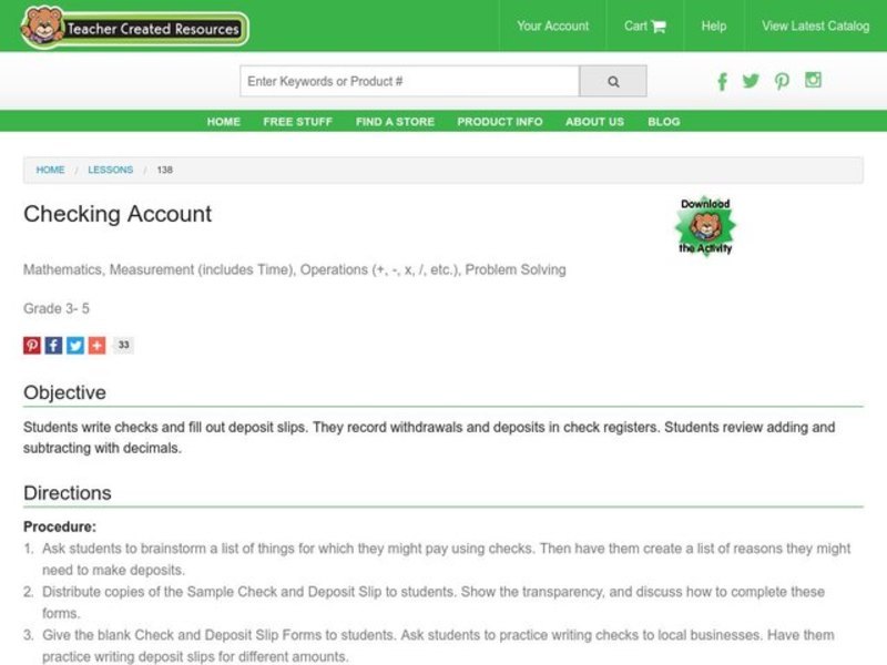 Checking Account Lesson Plan