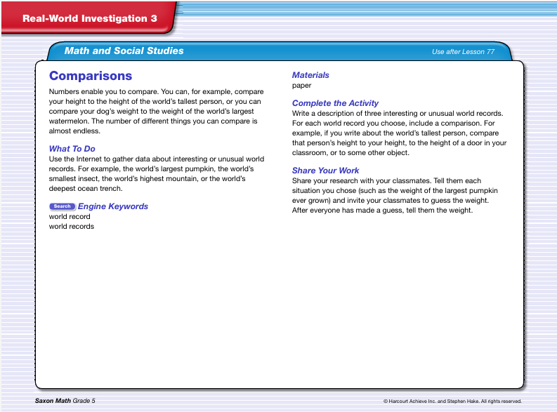 Math and Social Studies Real- World Investigation- Comparisons Worksheet