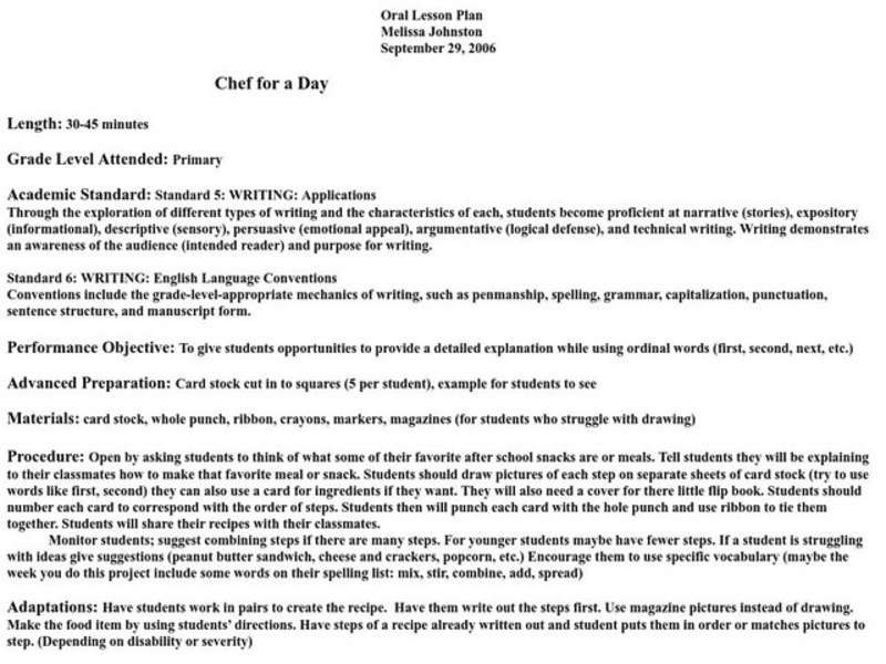 Chef for a Day Lesson Plan