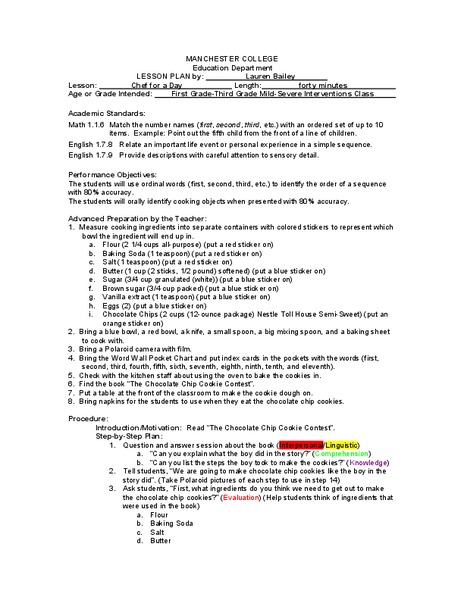 Chef for a Day Lesson Plan