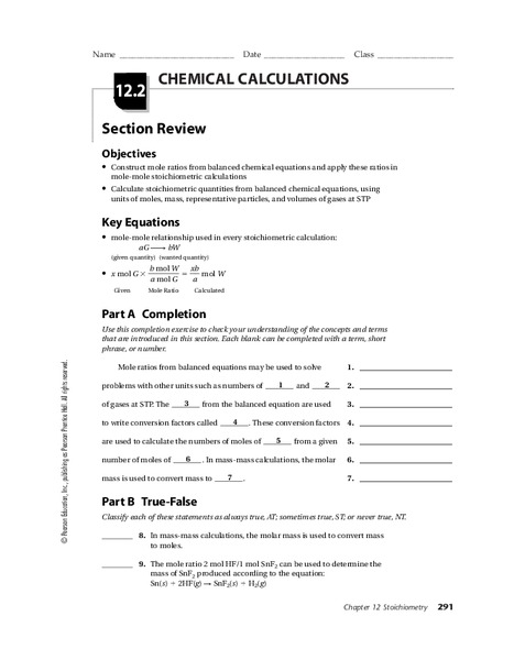 Chemical Calculations Worksheet