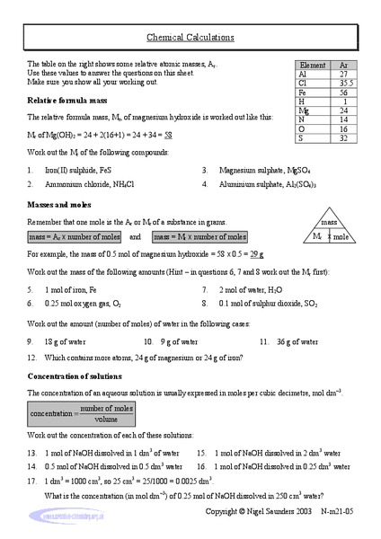 Chemical Calculations Worksheet