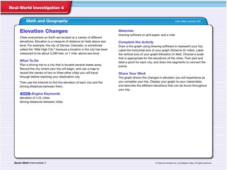 Real World Investigation- Math and Geography- Elevation Changes Worksheet