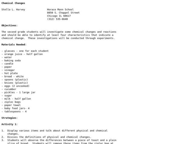 Chemical Changes Lesson Plan