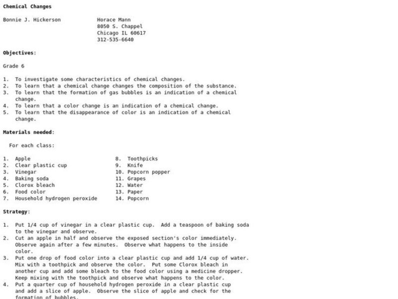 Chemical Changes Lesson Plan