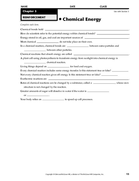 Chemical Energy Worksheet