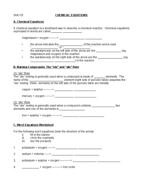 Chemical Equations Worksheet