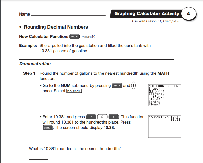 Rounding Decimal Numbers: Graphing Calculator Activity Worksheet