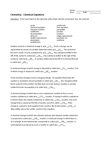 Chemical Equations Worksheet