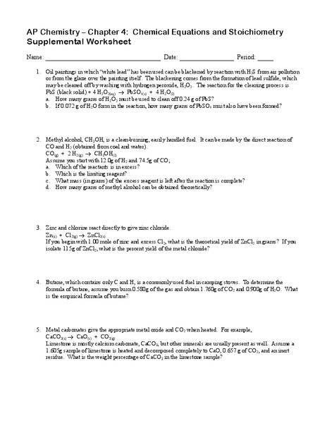 Chemical Equations and Stoichiometry Worksheet