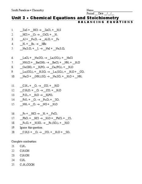 Chemical Equations and Stoichiometry Worksheet
