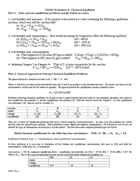 Chemical Equilibria Worksheet
