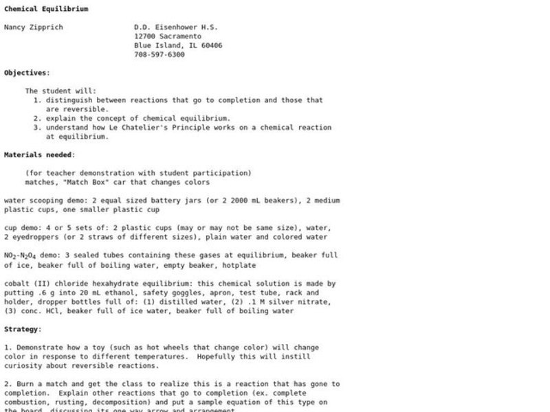 Chemical Equilibrium Lesson Plan