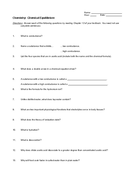 Chemical Equilibrium Worksheet