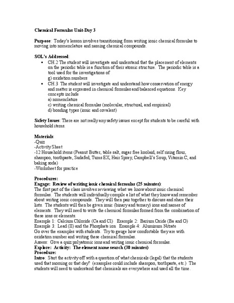 Chemical Formulas Lesson Plan