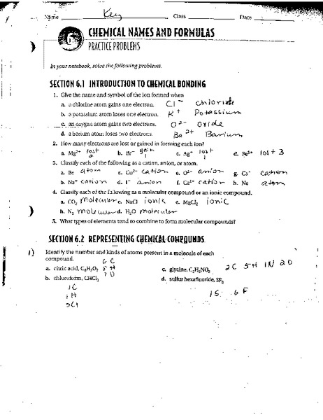 Chemical Names and Formulas Worksheet