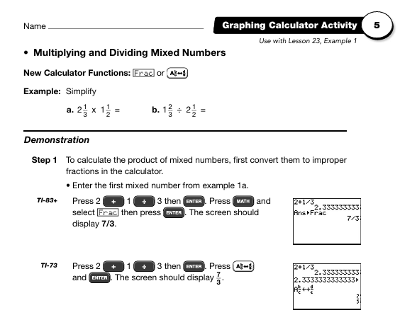 Graphing Calculator Activity: Multiplying and Dividing Mixed Numbers Worksheet