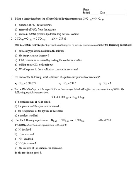 Chemical Reactions Worksheet