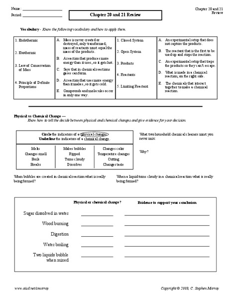 Chemical Reactions Worksheet