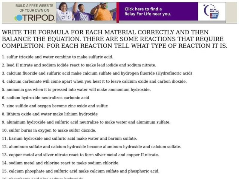 Chemical Reactions Worksheet