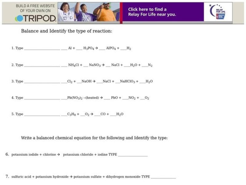 Chemical Reactions Worksheet