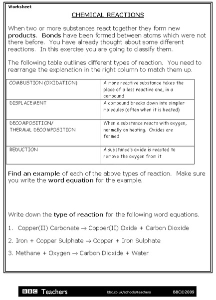 Chemical Reactions Worksheet
