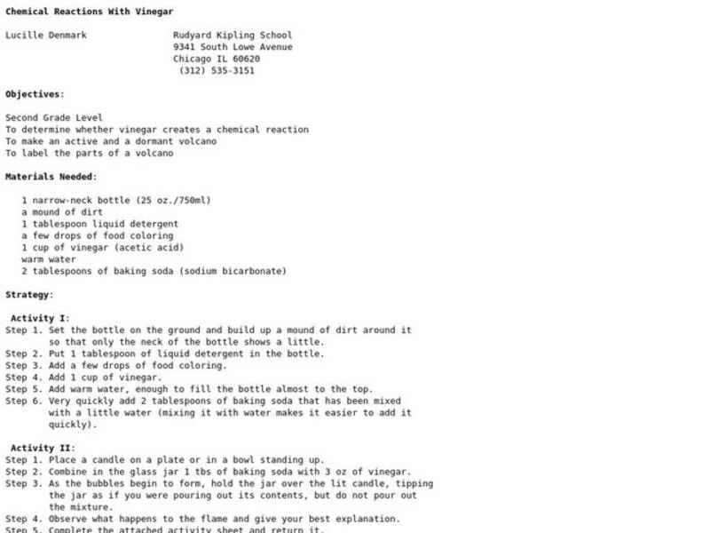 Chemical Reactions With Vinegar Lesson Plan