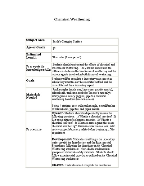 Chemical Weathering Lesson Plan