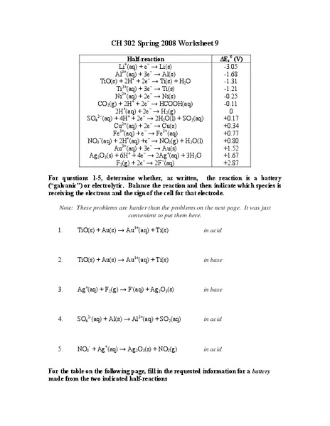 Chemistry 302 Worksheet