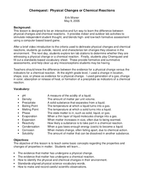 Chemquest: Physical Changes or Chemical Reactions Lesson Plan