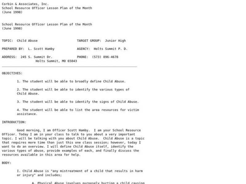 Child Abuse Lesson Plan