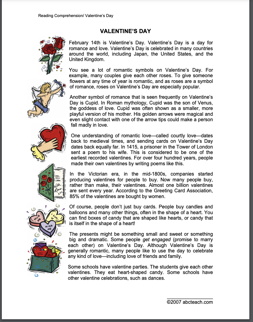 Reading Comprehension/Valentine's Day Worksheet