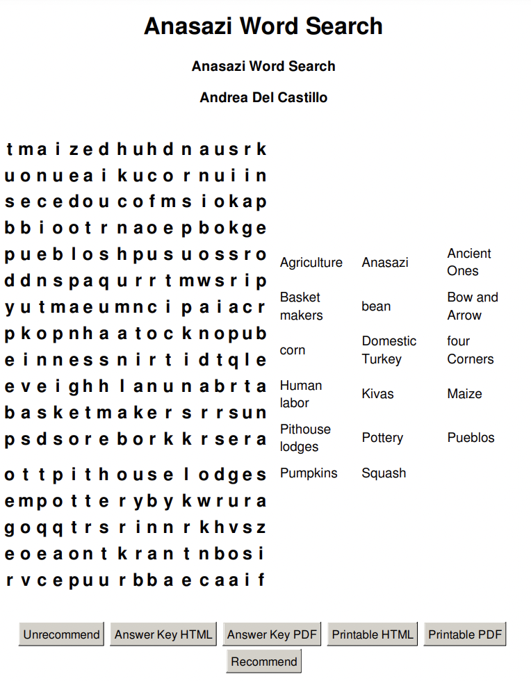 Anasazi Word Search Worksheet