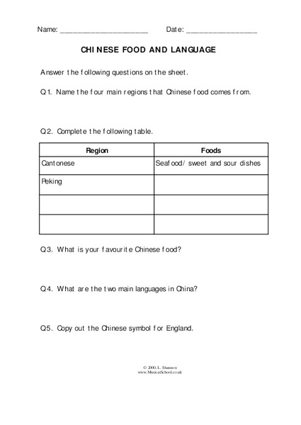 Chinese Food and Language Worksheet