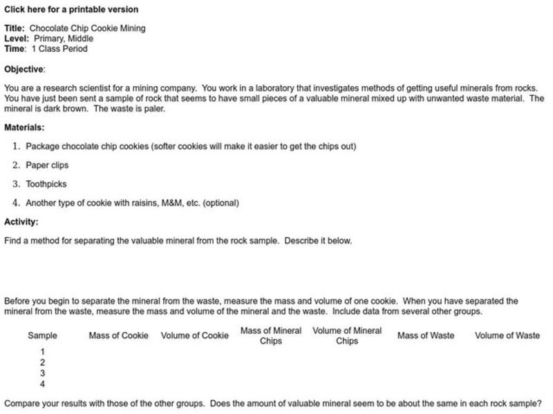 Chocolate Chip Cookie Mining Lesson Plan