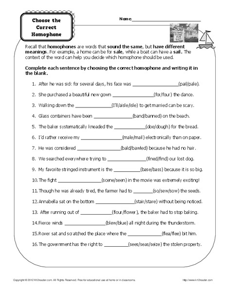 Choose the Correct Homophone Worksheet