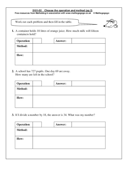 Choose the operation and method Worksheet